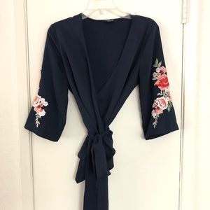 Hommage navy blue embroidered flower blouse